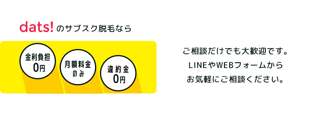 dats!のサブスク脱毛なら金利負担0円、月額料金のみ、違約金0円 ご相談だけでも大歓迎です。LINEやWEBフォームからお気軽にご相談ください。